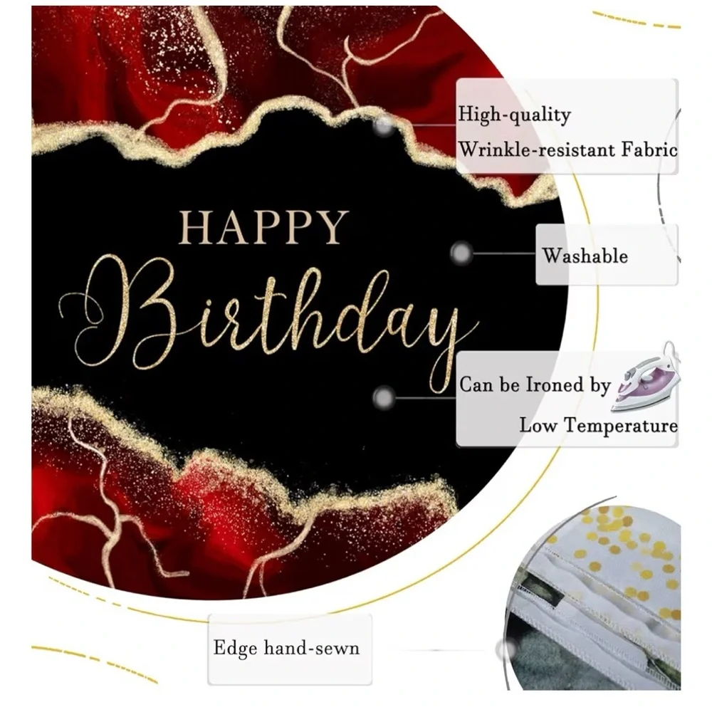 Elegant Red & Black 'Happy Birthday' Backdrop with Gold Accents